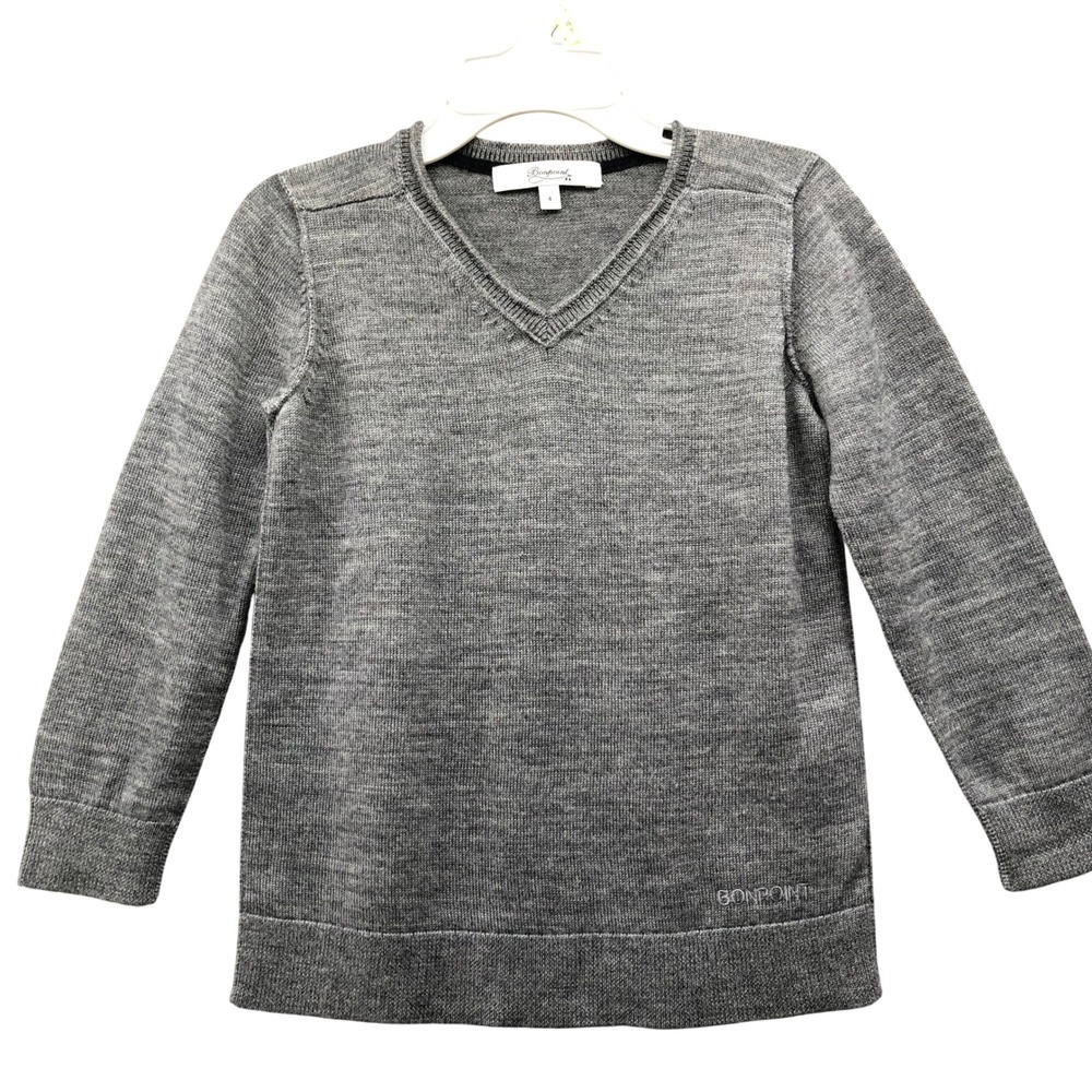 Bonpoint Boys 4T Merino Wool Sweater V-Neck Embroidered Logo Gray Pullover